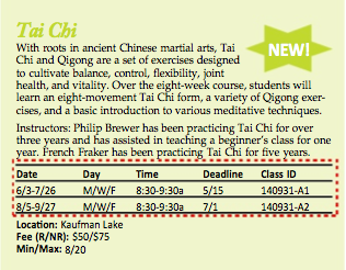 Screen grab of the Tai Chi course description.