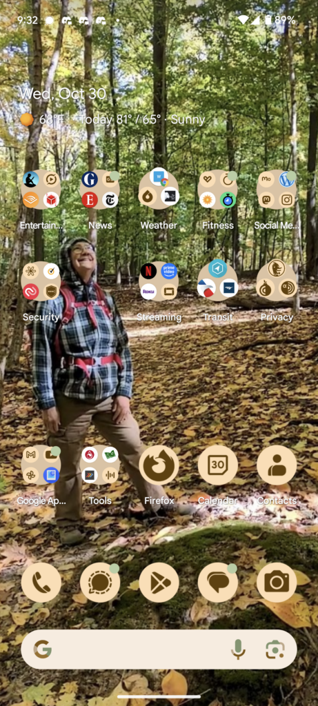 Front screen of my phone, showing folders of the apps I use