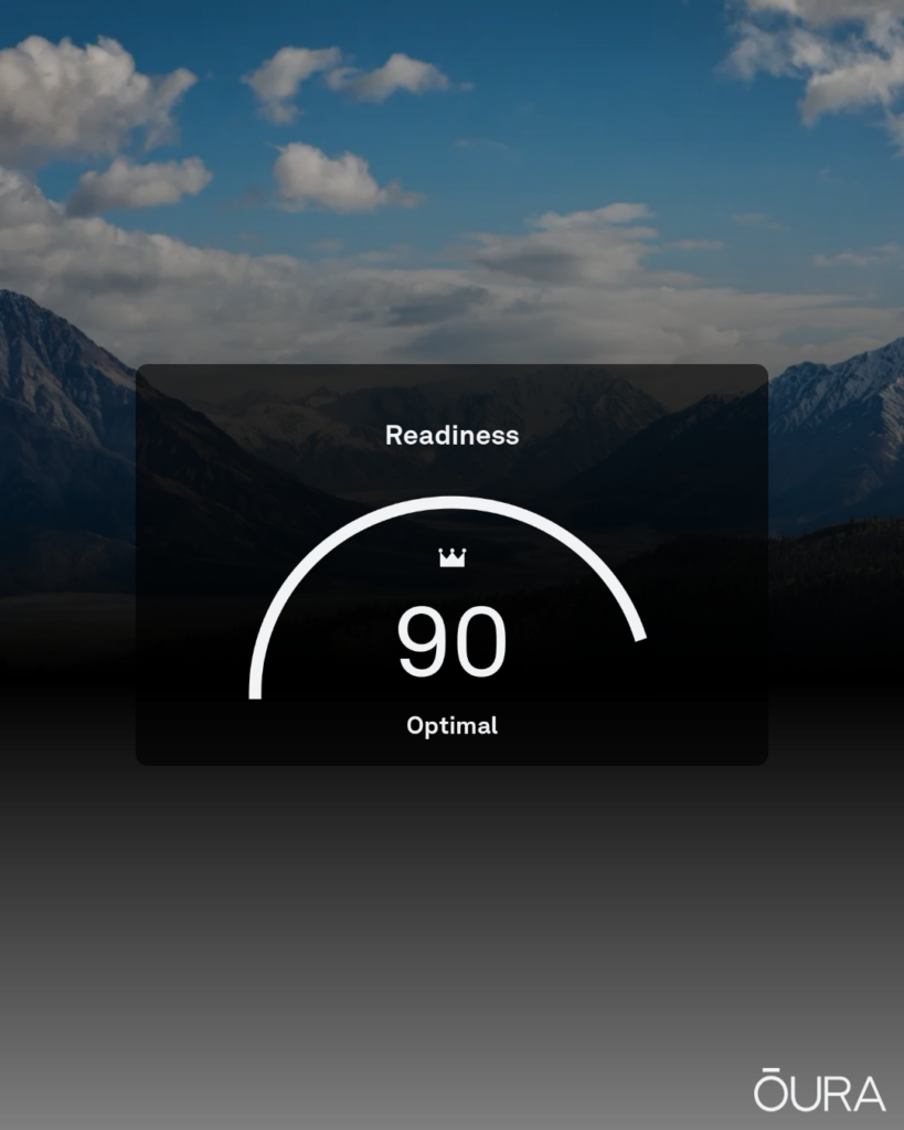 Oura ring graphic showing a readiness score of 90