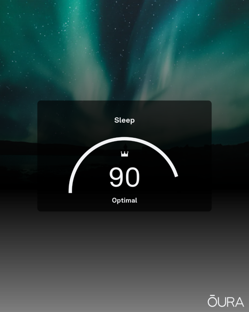 Oura ring graphic showing a sleep score of 90